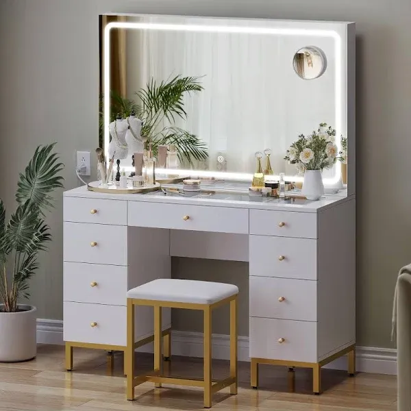 YITAHOME Vanity Desk Set with LED Lighted Mirror & Power Outlet 14 Hollywood