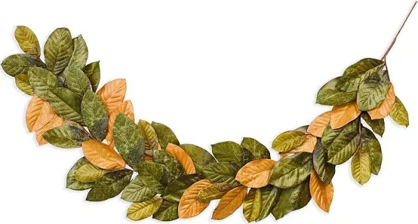 6ft Magnolia Leaf Garland - 2-Tone Brown and Green Realistic Fall Garland for Mantle Decorations - Decorative Artificial Faux Magnolia Leaves for Christmas, Thanksgiving, Wedding Decor