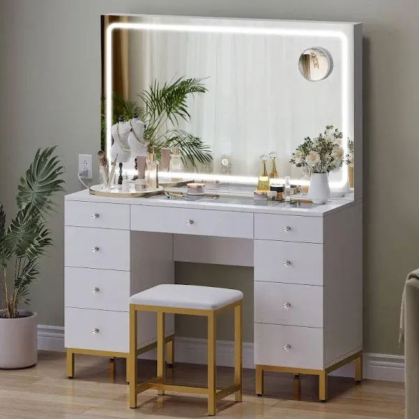 YITAHOME Vanity Desk Set, with Large LED Lighted Mirror Magnifying Glass & Power Outlet, 9 Drawers Makeup Vanities Dressing Table with Stool, White