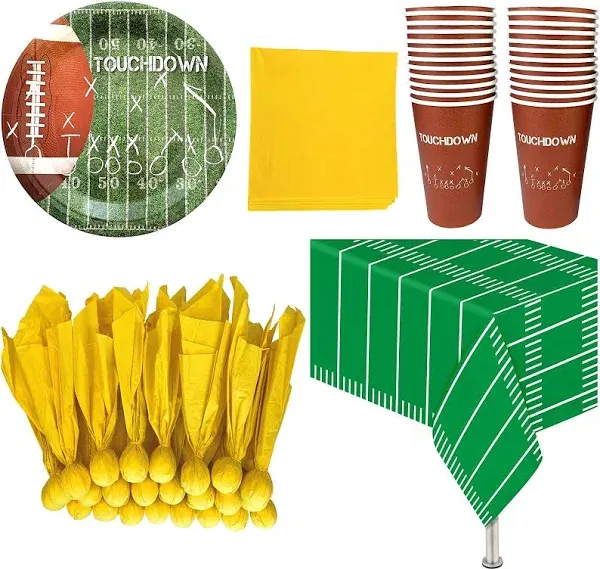 Football Party Decorations Bundle - 24 Cup Set, Dinnerware, Napkins, Tablecloth