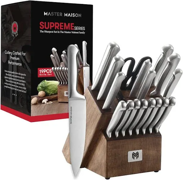 Master Maison 19-Piece Premium Kitchen Knife Set with Wooden Block and Knife Sharpener