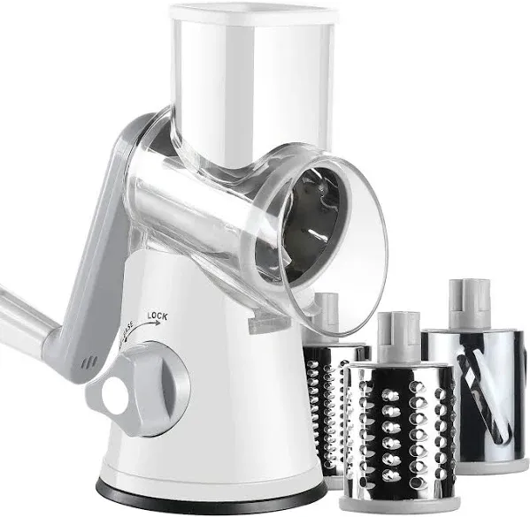 Ancevsk Manual Rotary Cheese Grater Round Vegetable Slicer with 3 Interchangeable Blades