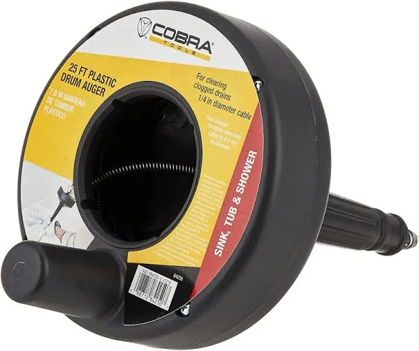 Cobra 84250 84000 Drum Auger, for Use with Most Sink, Shower and Tub Drains,Black , 1/4 in X 25 Ft