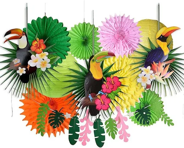 Easy Joy Tropical Bird Toucan Leave Garland Party Kit Paper Palm Leaves Paper Fan Paper Lanterns for Summer Hawaiian Luau Tiki Tropical Themed Party Decorations Luau Party Supplies Decor