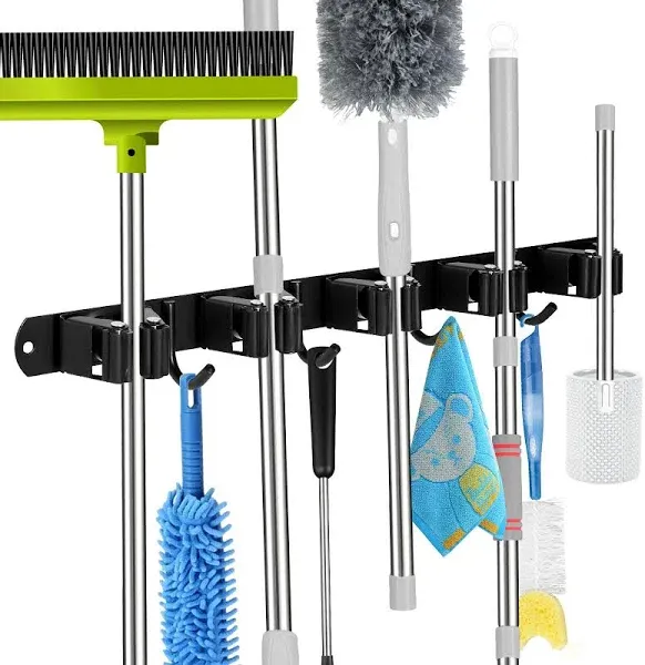 5 Racks and 4 Hooks Mop and Broom Holder Wall Mount, Self Adhesive Heavy Duty...