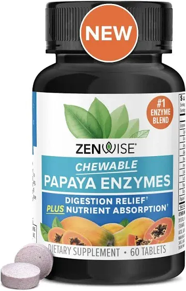 Zenwise Papaya Digestive Enzymes with Bromelain for Digestive Health and Bloating Relief for Women and Men, Chewable Enzymes for Digestion and Gut Health (60 Count)