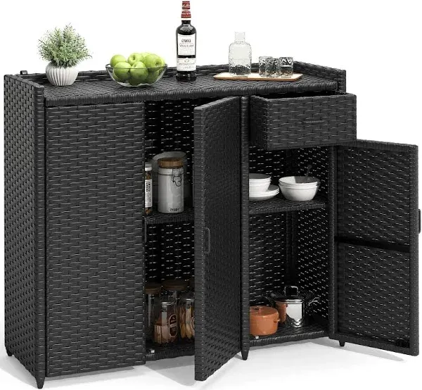 Outdoor Storage Cabinet Patio Wicker Bar Counter Table 2 Doors Backyard Patio