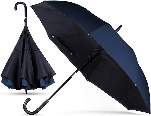 ANYWEATHER-Reversible Inverted Automatic Open Umbrella Leather J Handle, Large, Sapphire Blue