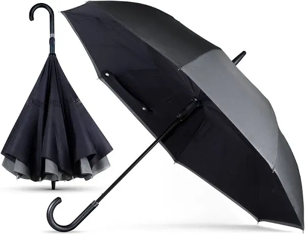 ANYWEATHER-Reversible Inverted Automatic Open Umbrella Leather J Handle, Large, Sapphire Blue