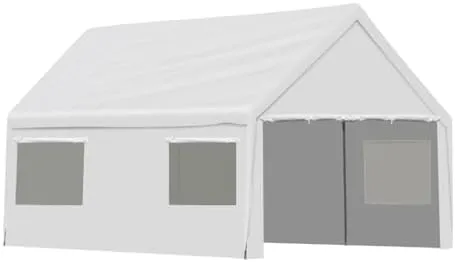 Aoodor 20 x 12 FT. Vehicle Carport Canopy Portable Garage Party Canopy Tent Boat Shelter, Heavy Duty Metal Frame with Removable Rool-up Sidewalls and Doors, White