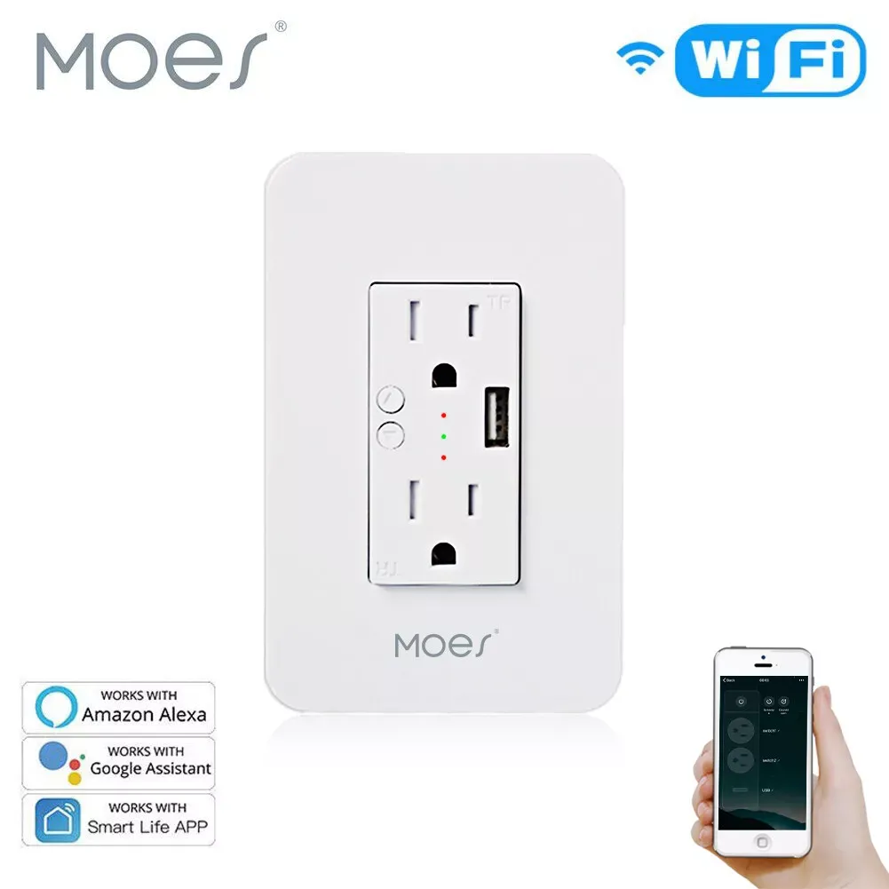 Moes WiFi Smart Wall Outlet,15A Divided Control 2 in Wall Socket with USB ...