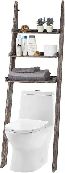 5.5 Foot Tall Shabby White Washed Solid Wood Over The Toilet Decorative Ladder