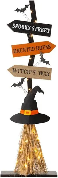 Glitzhome 42" H Lighted Wooden Witch's Broom Porch Decor