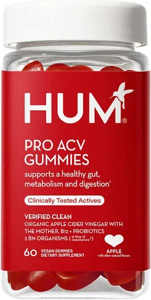 HUM Pro ACV Gummies -100% Organic Apple Cider Vinegar with The Mother, Probiotics for Digestive Health & B12 for Metabolism Support (60 Count)