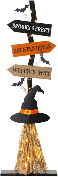 Glitzhome 42" H Lighted Wooden Witch's Broom Porch Decor with Timer Halloween Decoration