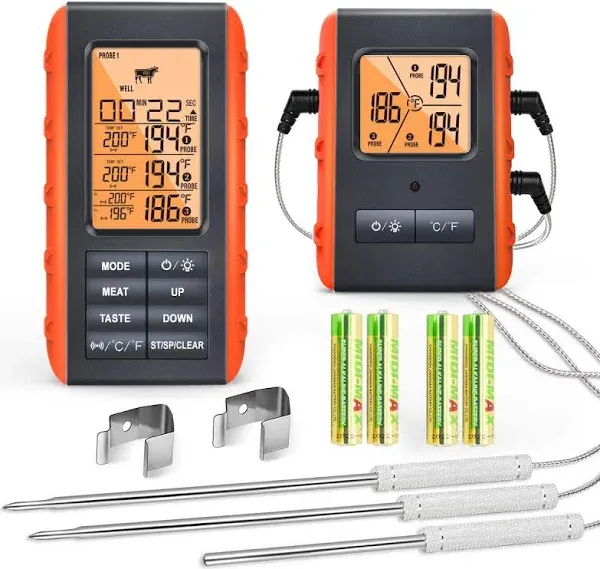 Wireless Meat Thermometer for Grilling Smoking or Kitchen Cooking - 3 Probes - Monitor Ambient Temperature Inside The Grill