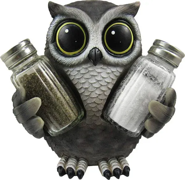 DWK - Little Hoot's Spice - Collectible Owl Salt & Pepper Shaker with Figurine Owl Holder Home Dcor Kitchen Accessory Dining Accent 3-Piece Set, 5.6-