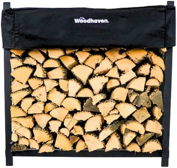 Woodhaven Black 4 Foot - Heavy Duty Made In USA - Indoor Outdoor - 1/4 Cord Firewood Storage Log Rack With Seasoning Cover Combo Set - Metal Log Storage - 48” x 48”