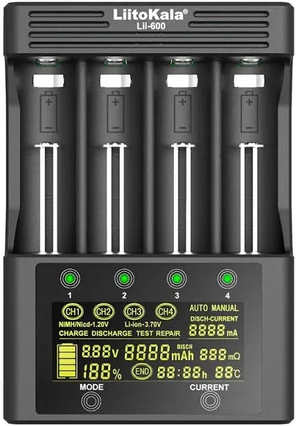 LiitoKala lii-600 li-ion-3.7v ni-mh1.2v battery charger 4 slots independent charging portable 18350 16340 14500 battery charger