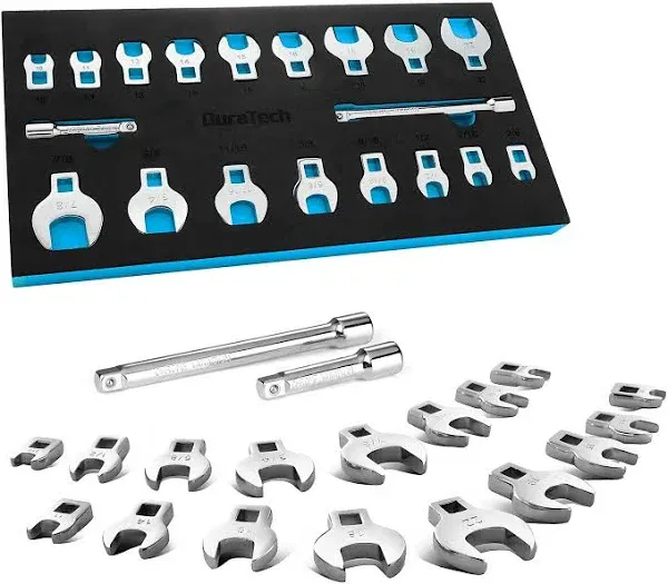 DURATECH 3/8" Drive Crowfoot Wrench Set with 2 Extension Bars, SAE & Metric, 19-Piece, 10-22mm & 3/8"-7/8", CR-V Steel, with EVA Foam Tool Organizer