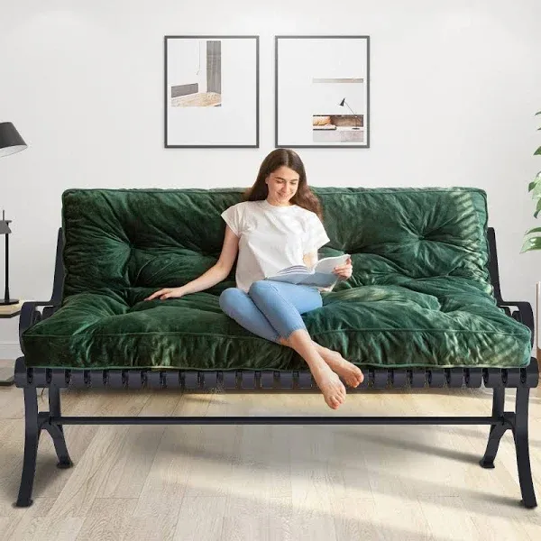 MAXYOYO 6" Futon Mattress Queen Size, Velvet Thick Futons Sofa Couch Bed, Floor Mattress for Adults, Shredded Foam Filling (Frame Not Included), Green, 60x80 Inch