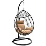 SereneLife Hanging Egg Indoor Outdoor Patio Wicker Rattan Lounge Chair with Stand - Brown