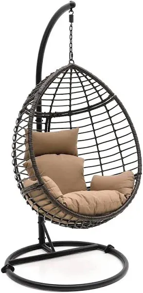 SereneLife Hanging Egg Indoor Outdoor Patio Wicker Rattan Lounge Chair with Stand