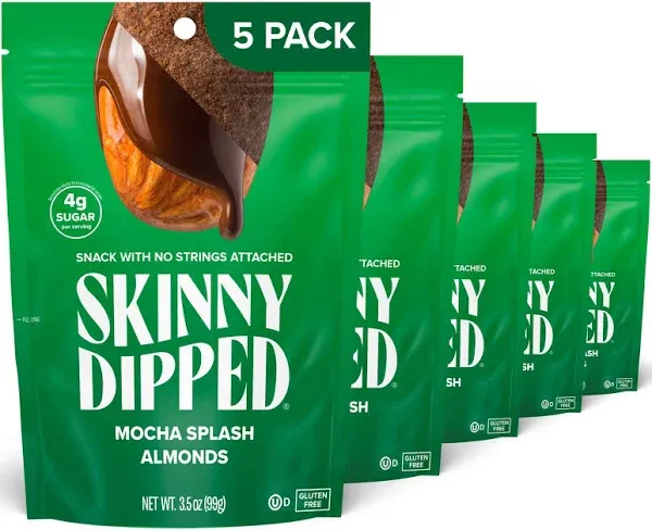 SkinnyDipped Mocha Splash Almonds, Healthy Snack, Plant Protein, Gluten Free, 3.5 oz Resealable Bags, Pack of 5