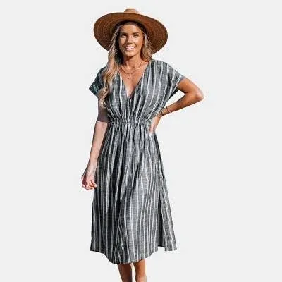 CUPSHE Women's Cover Up V Neck Midi Dress Short Sleeves Summer Beachwear Casual Coverups Striped XS-XXL