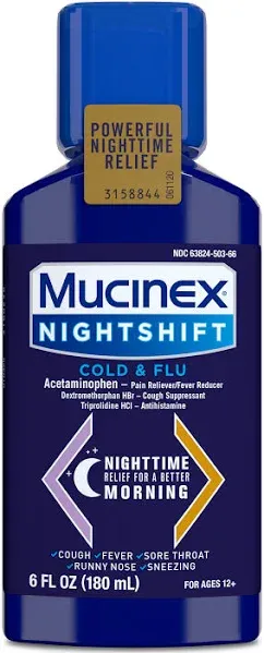 Mucinex Nightshift Cold &amp; Flu Treatment 6oz, EXP. 10/2024 Free Shipping