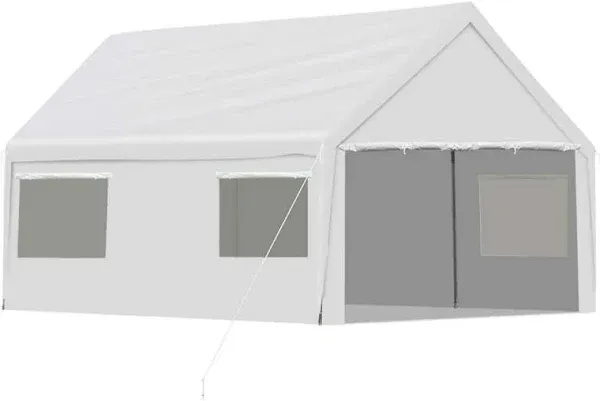 Aoodor 20 x 12 FT. Vehicle Carport Canopy Portable Garage Party Canopy Tent Boat Shelter, Heavy Duty Metal Frame with Removable Rool-up Sidewalls and Doors, White