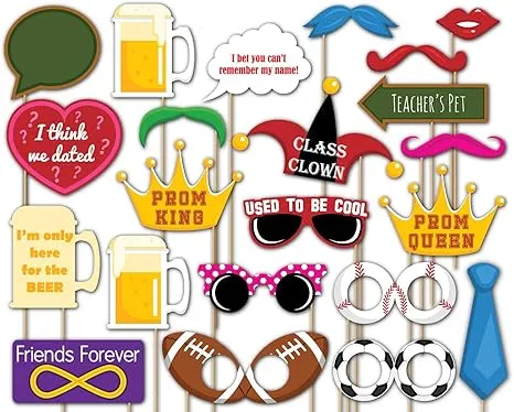 Birthday Galore Class Reunion Photo Booth Props Kit - 20 Pack Party Camera Props Fully Assembled