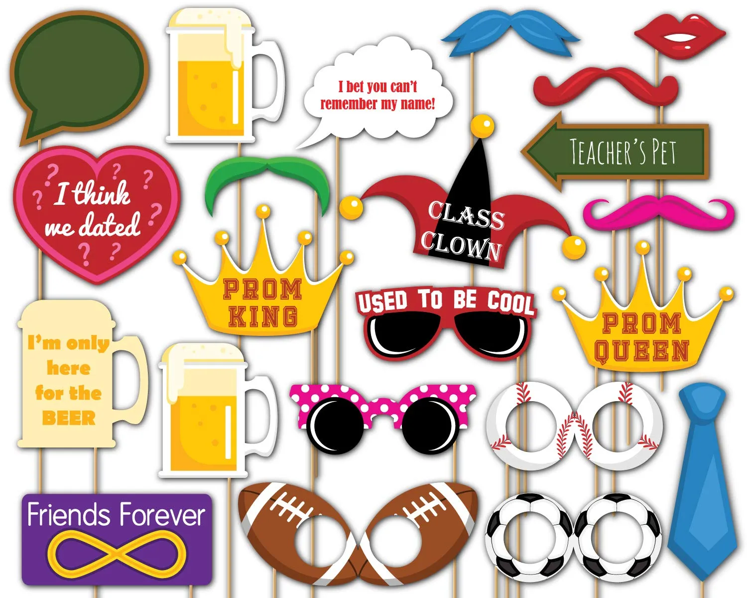 Class Reunion Photo Booth Props Kit - 20 Pack Party Props Fully Assembled