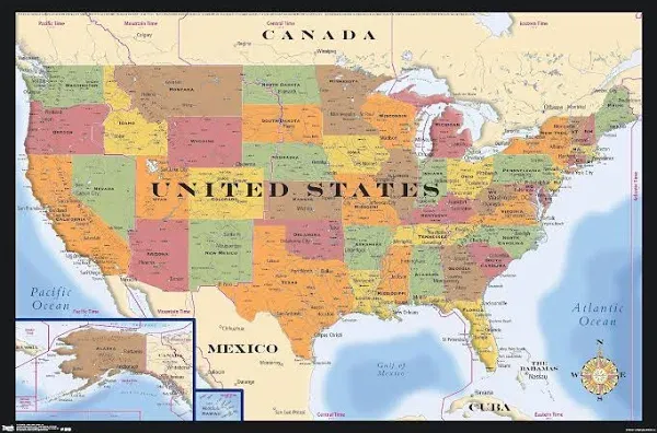 Trends International Map - USA Time Zones Wall Poster, 14.725" x 22.375", Black Framed Version