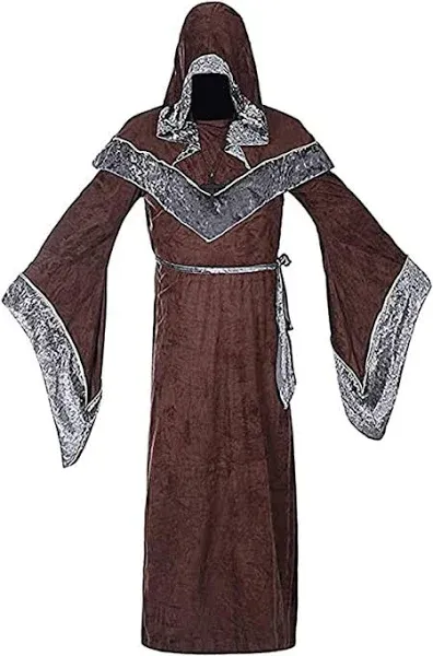 Mens Halloween Costume Sorcerer Robe Medieval Vintage Renaissance Hooded Gown Cloak Cape