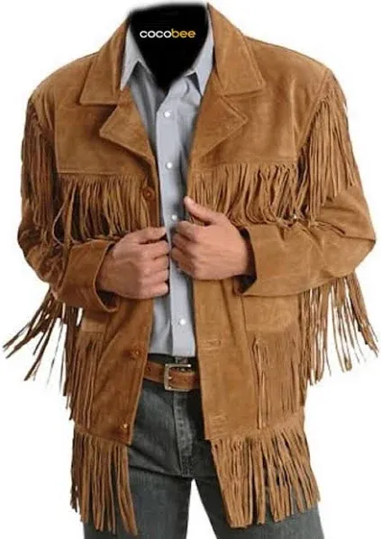 Mens Traditional Cowboy Native American Western Fringe Suede Leather Jacket Coat