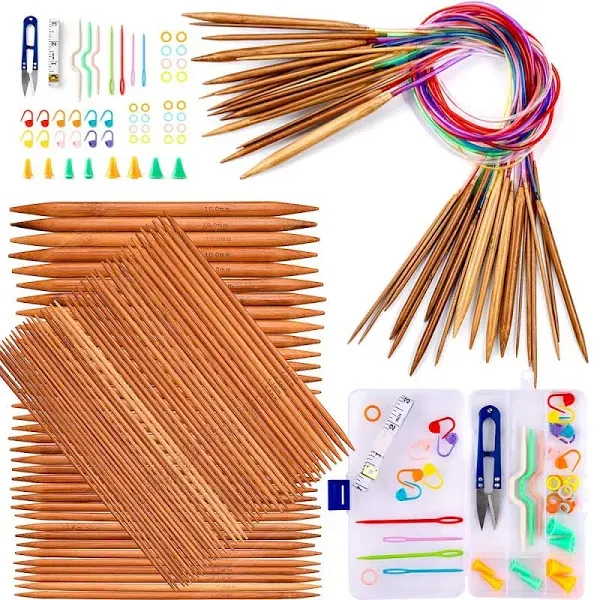 Knitting Needles Set, Exquiss 18 Pairs Bamboo Circular Knitting Needles with Colored Tube, 75PCS Bamboo Double Pointed Knitting Needles, Crochet Kits are Included, Sizes:2mm-10mm, Length:31.5"&7.9"