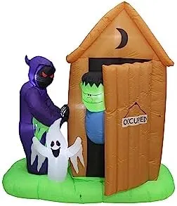 76.77x 41.34x 72.44 in. Spooky Halloween Animated Monster Outhouse Scene Decor