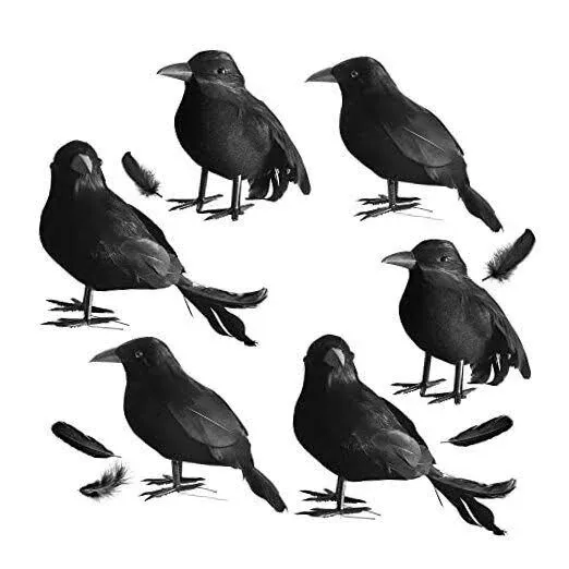 6 Packs Real Feathered Halloween Black Crows, Handmade Realistic Crow with Real 