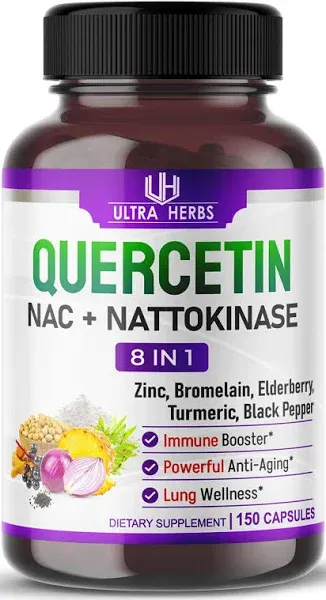 Quercetin Supplement with Bromelain, Vitamin C and Zinc, Nattokinase, NAC, Elderberry, Elderberry | 8 in 1 Ultra Antioxidant Complex for Immune Health | 150 Capsules