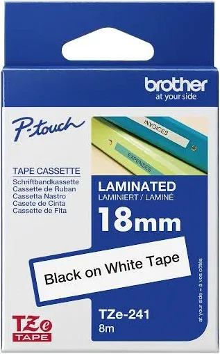 P-TOUCH BROTHER 3/4&#034; Black Print On White Laminated Tape TZe -241 NEW NIP SEALED