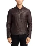 John Varvatos Men's Band Collar Leather Jacket - Chocolate - Size XL