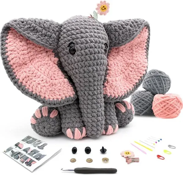 CODGP Crochet Kit for Beginners,13in Crochet Animal Kit Elephant,Crochet Starter Kit Gift for Adults Kids with Yarn Sets,Amigurumi Crochet Kits with Step-by-Step Video Tutorials