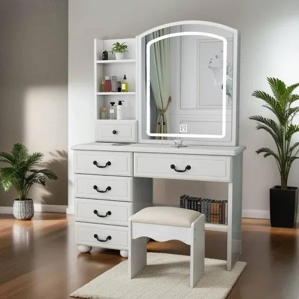 Makeup Vanity with Mirror and Lights,Modern Bedroom Makeup Table Set with Upholstered Stool,Vanity Desk with 4 Drawers & Shelves,3 Color Lighting Brightness Adjustable,White (4 Drawers)