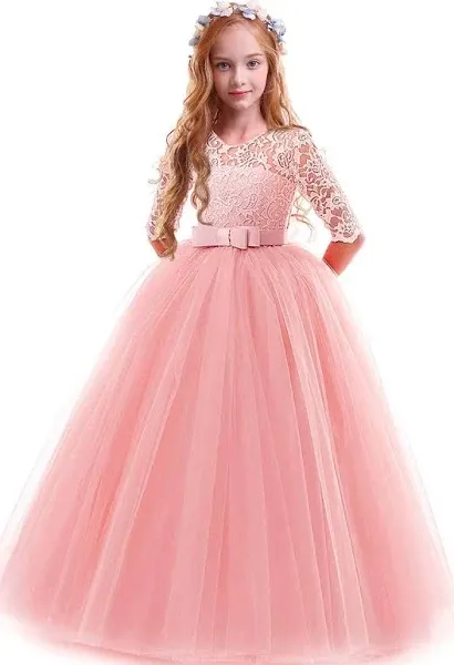 Idopip Flower Girls Vintage Lace Dress Kids 3/4 Sleeve Tulle Dresses Wedding Party Prom Ball Gown