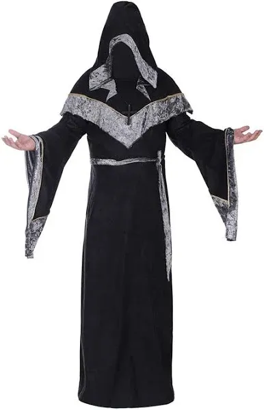 Mens Halloween Costume Sorcerer Robe, Medieval Vintage Renaissance Hooded Gown Cloak Cape