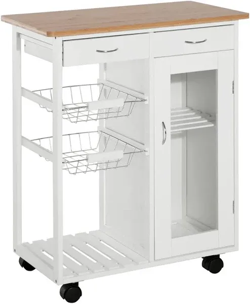 HOMCOM 28" Rolling Kitchen Island with Storage, Kitchen Cart with Solid Bamboo Top, Wire Basket,Door Cabinet and Drawers, White