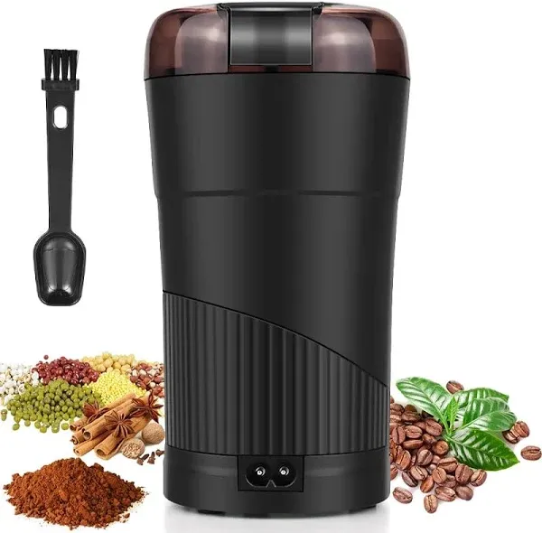 Coffee Grinder Electric, Herb Grinder, Coffee Bean Grinder Small, Spice Grinder with Integrated Brush Spoon for One-touch Home Grinding (Stainless Steel, BLACK)