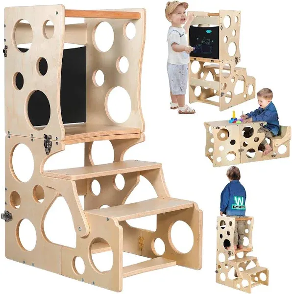 Toddler Tower, Learning Wooden Tower, Toddler Kitchen Stool Helper, Foldable Weaning Table with Toddler Standing Tower, Foldable Kitchen Step Stool for Bathroom and Kitchen Counter