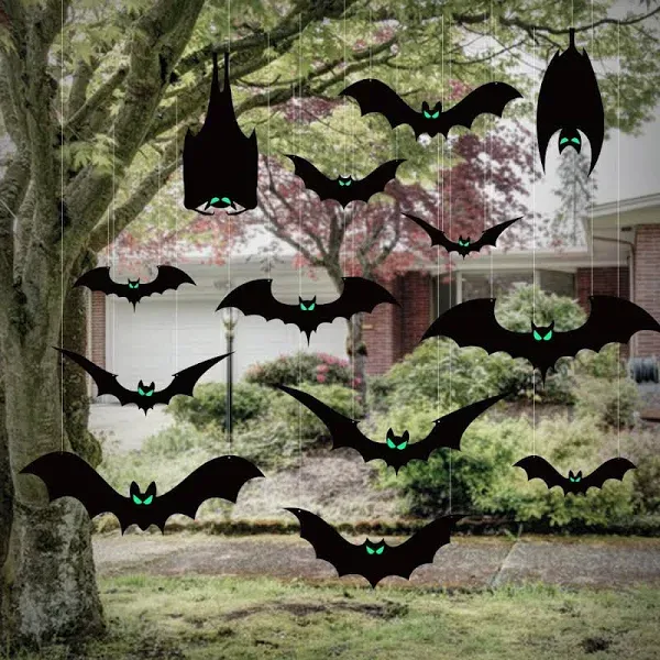 14 PCS Hanging Bats Halloween Decoration Outdoor Black Plastic Bats with Glowing Eyes Different Size Flying Bats Halloween Decor Hanging in The Tree, Porch, Yard, Lawn, Indoor